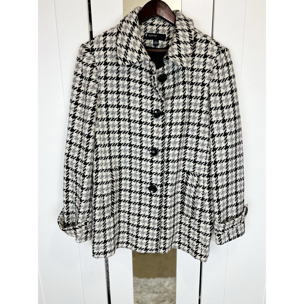 Jason Kole Black‎ White Gray Houndstooth Wool Blend Pea Coat Jacket Size XL